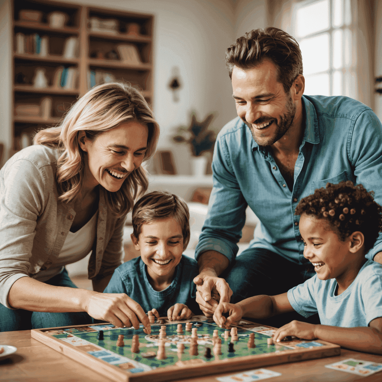 Familia feliz jugando un juego de mesa juntos, riendo y disfrutando del tiempo de calidad