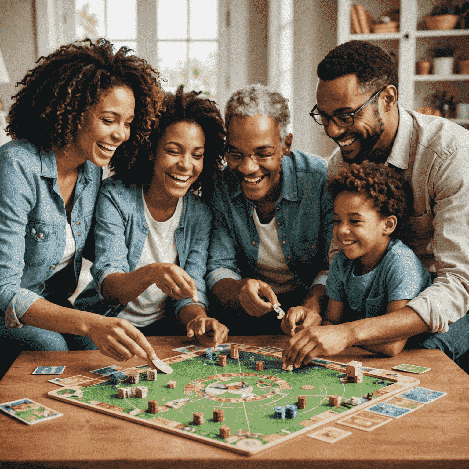 Una familia feliz jugando Stakesgoneflous, un juego de mesa lleno de risas y emoción alrededor de una mesa