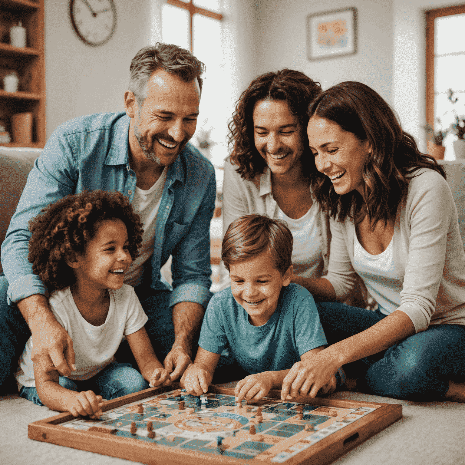 Una familia feliz jugando un juego de mesa juntos en la sala de estar, riendo y disfrutando del tiempo de calidad.