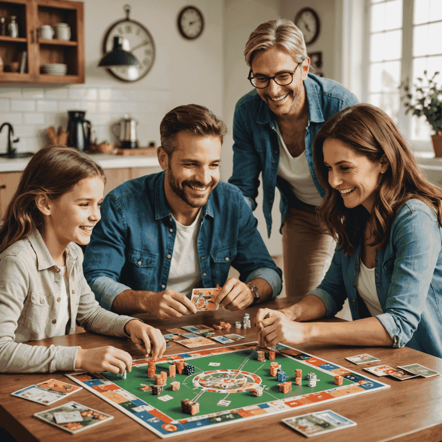 Familia feliz jugando varios juegos de mesa populares juntos en la mesa del comedor