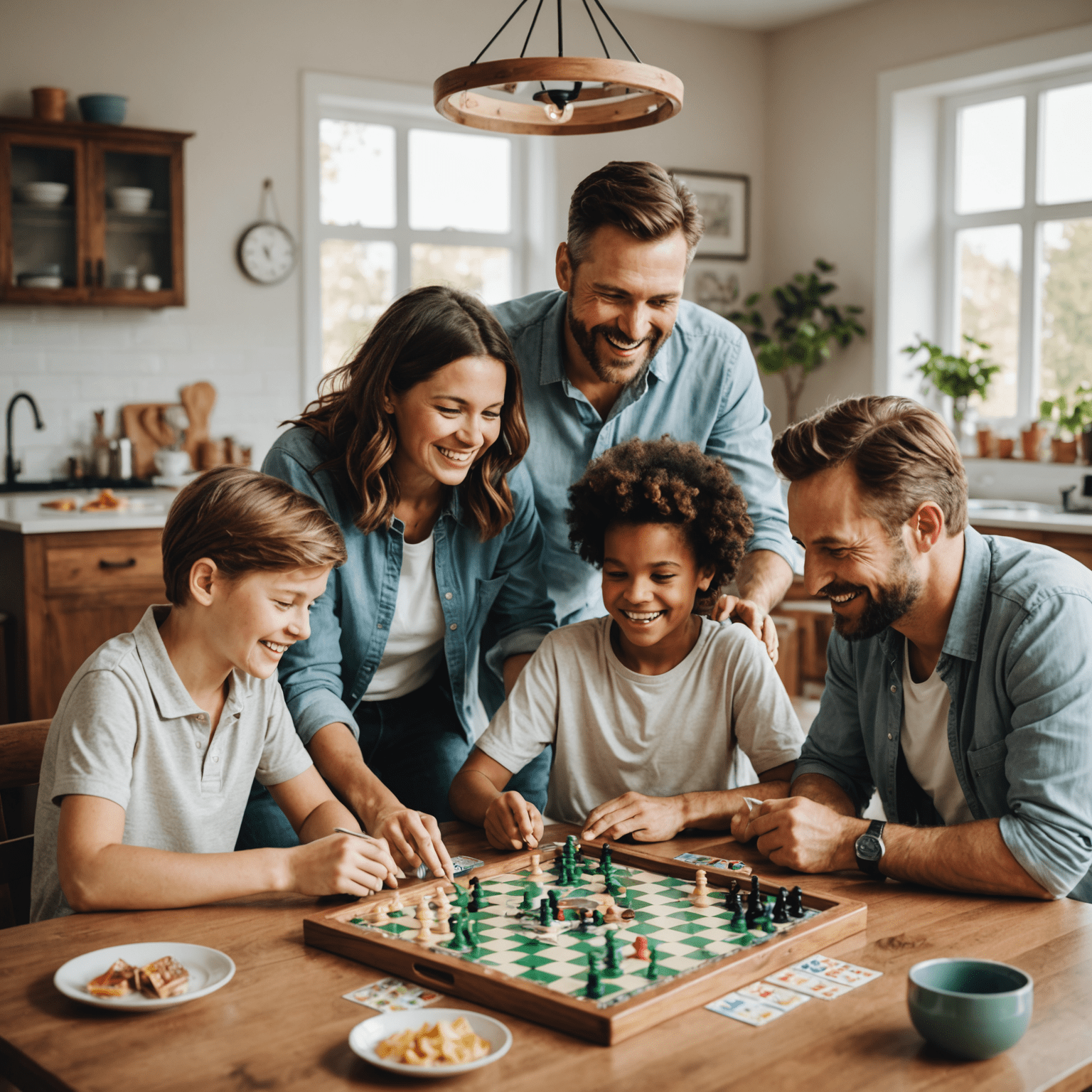 Familia feliz jugando juegos de mesa juntos en la mesa del comedor