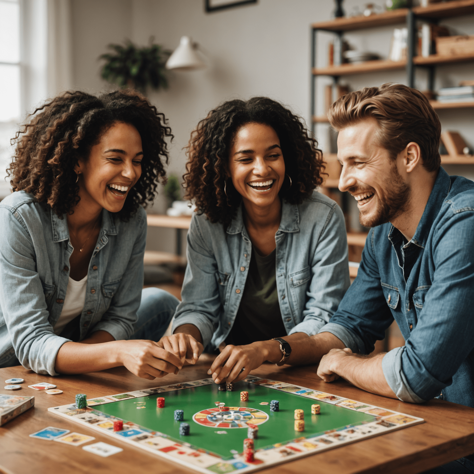 Un grupo de amigos disfrutando de un nuevo juego de mesa juntos, riendo y pasando un buen rato