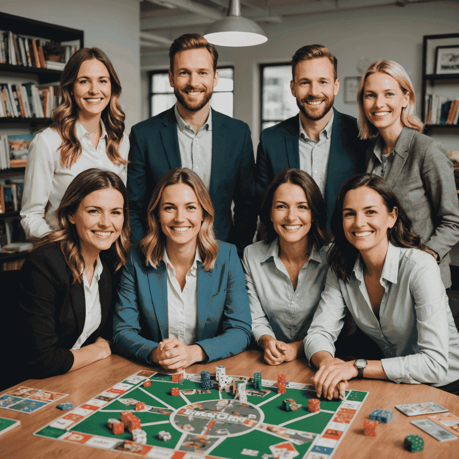 El equipo sonriente de stakesgoneflous posando juntos en la oficina, rodeados de juegos de mesa