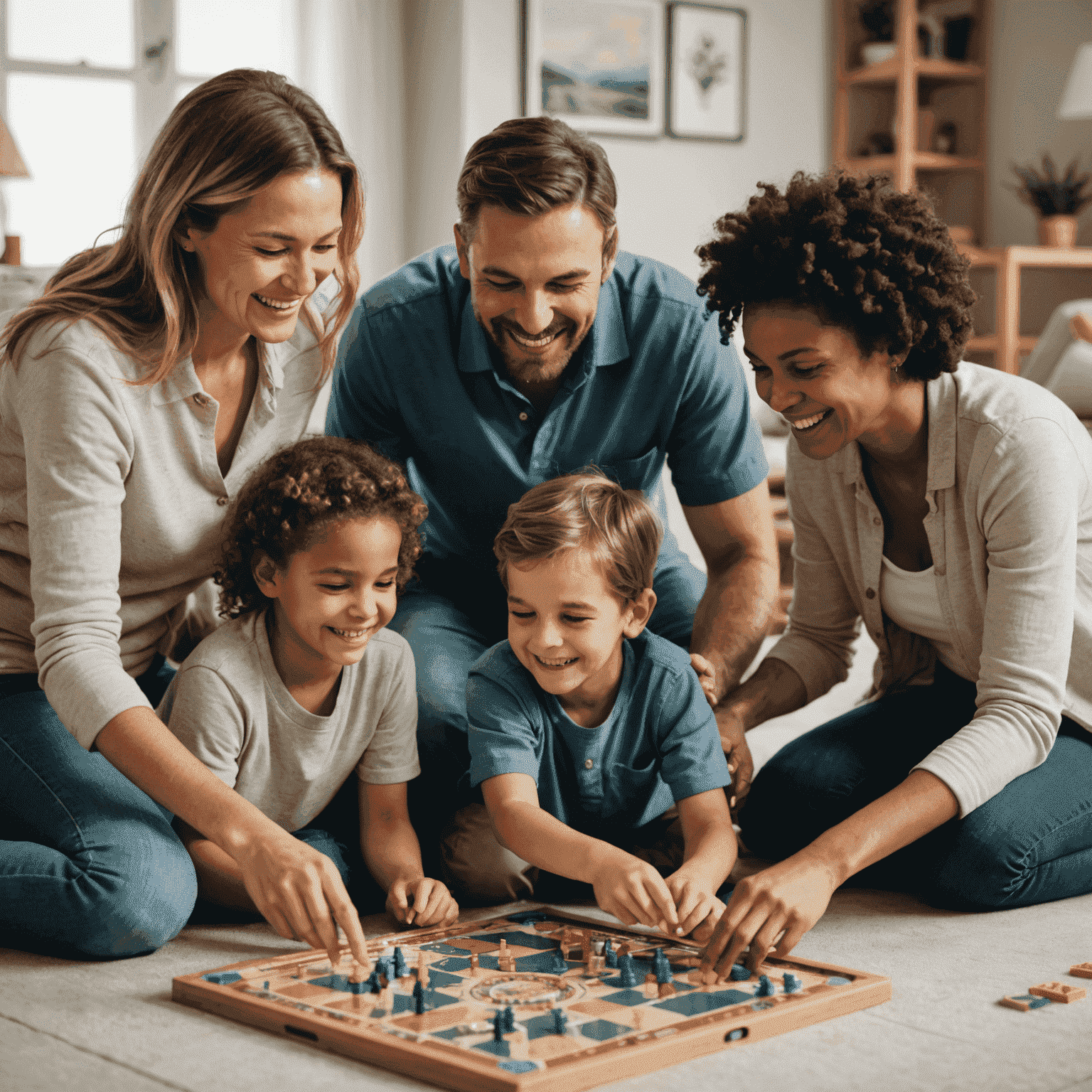 Una familia feliz jugando un juego de mesa juntos en la sala de estar