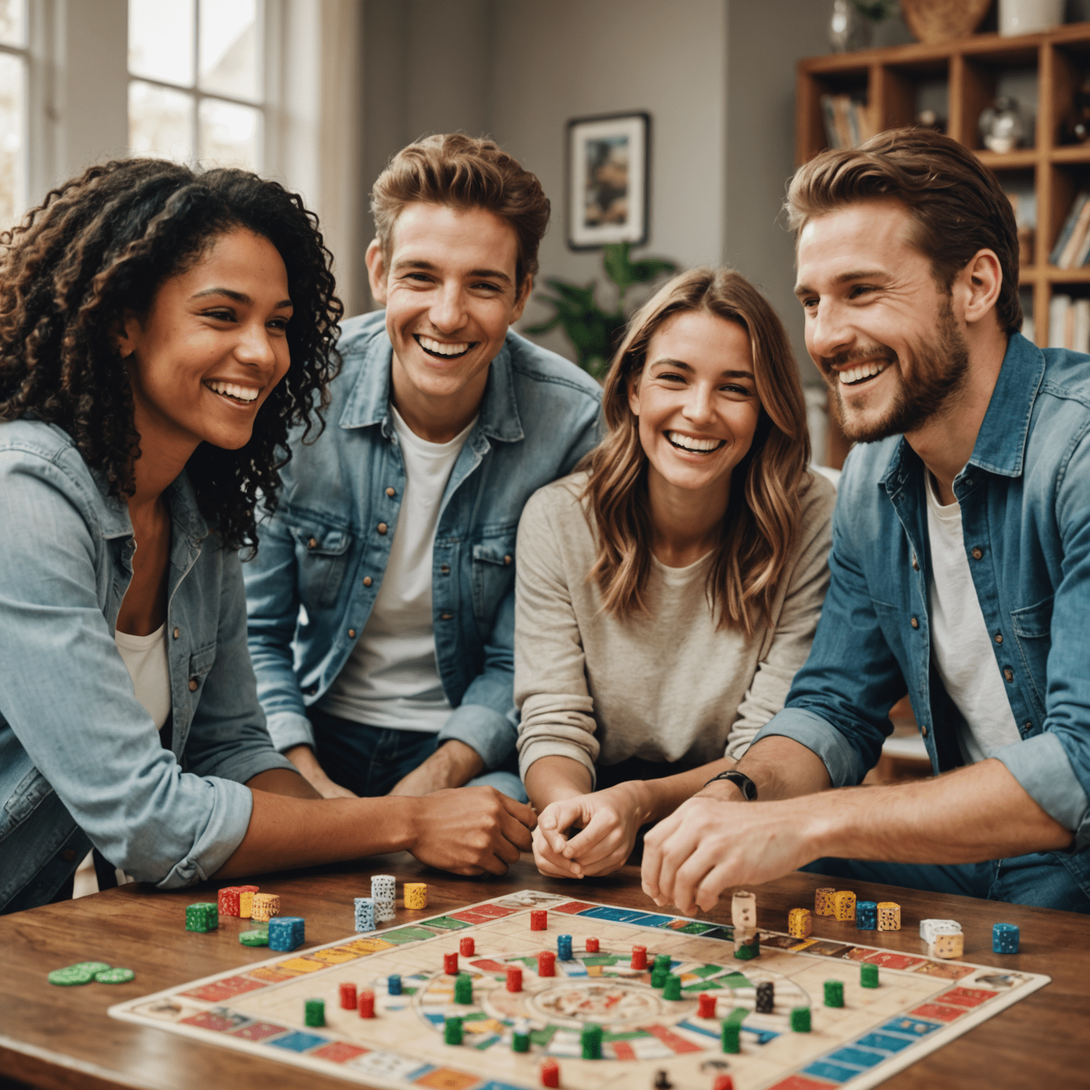 Un grupo de amigos sonrientes sentados alrededor de una mesa jugando un juego de mesa, con expresiones de concentración y alegría.