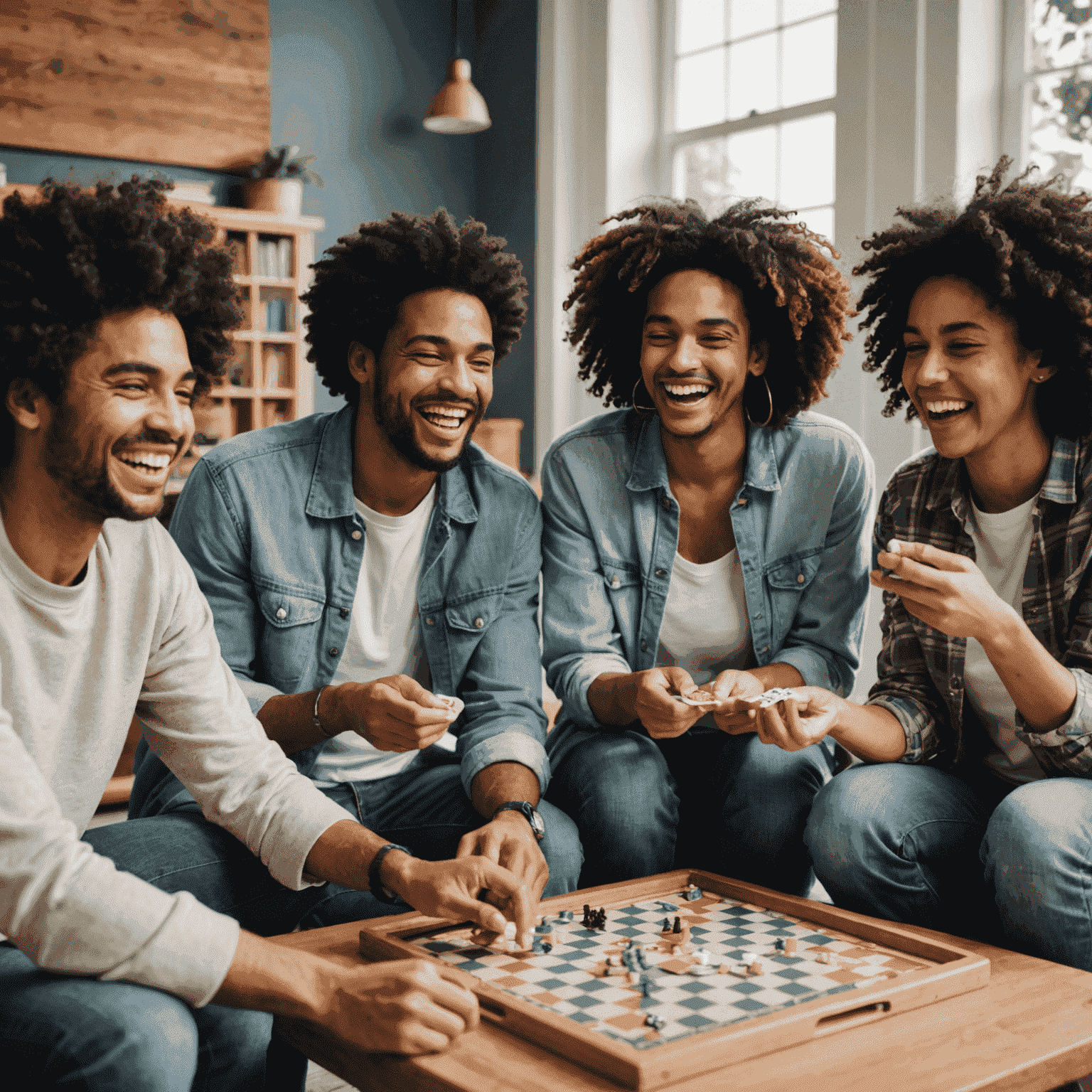 Grupo de amigos diversos riendo y divirtiéndose mientras juegan juegos de mesa