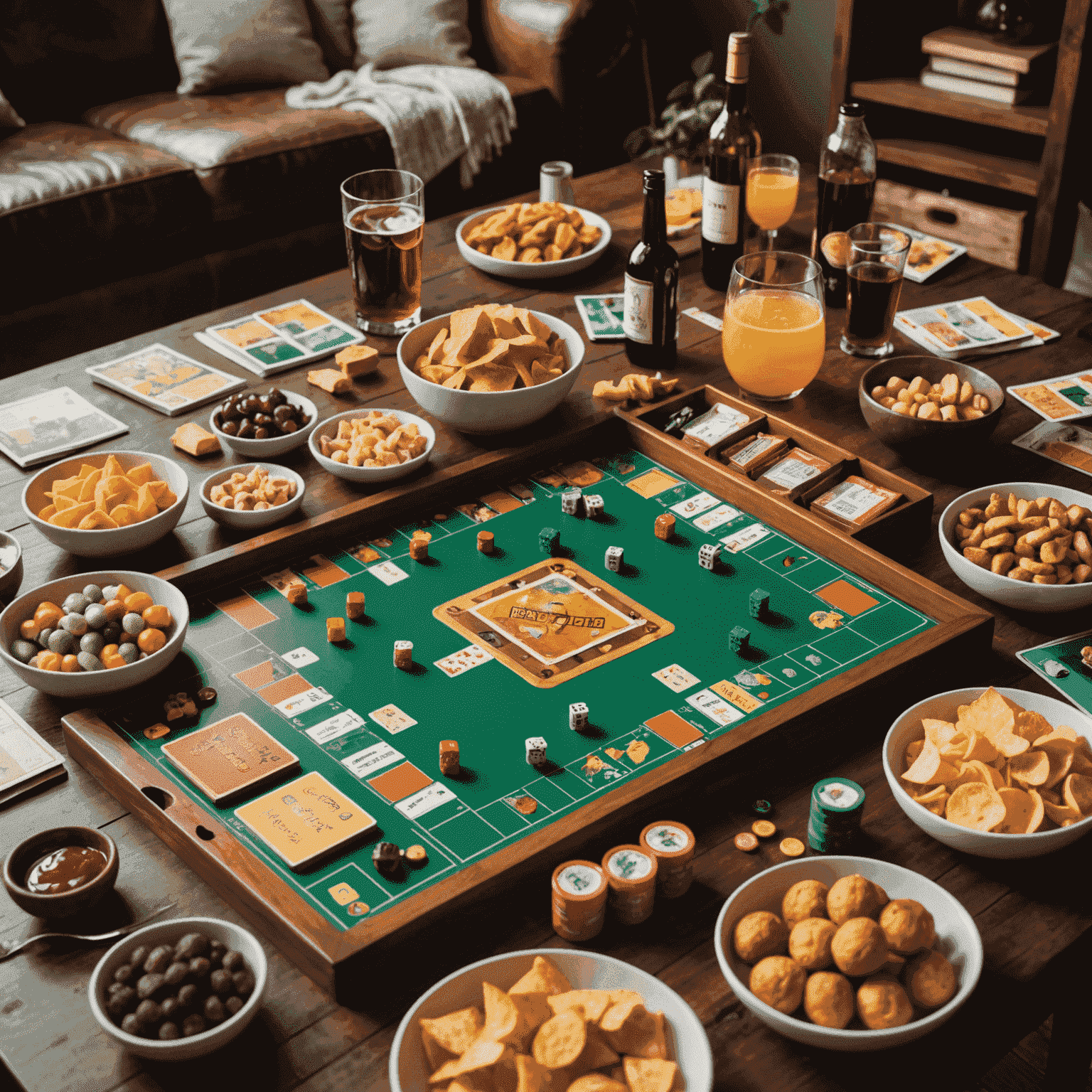 Una mesa con un juego de mesa configurado, rodeada de aperitivos y bebidas, creando un ambiente acogedor para los jugadores