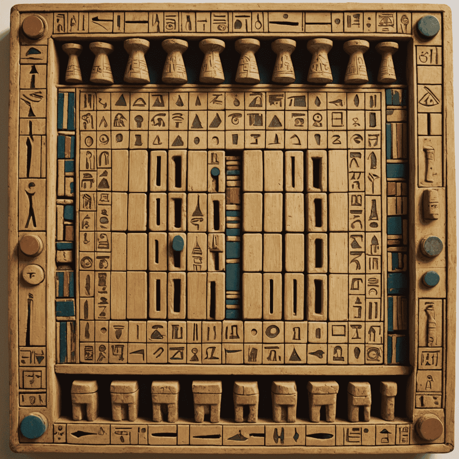 Imagen del antiguo juego de mesa egipcio Senet, con un tablero rectangular y piezas de juego