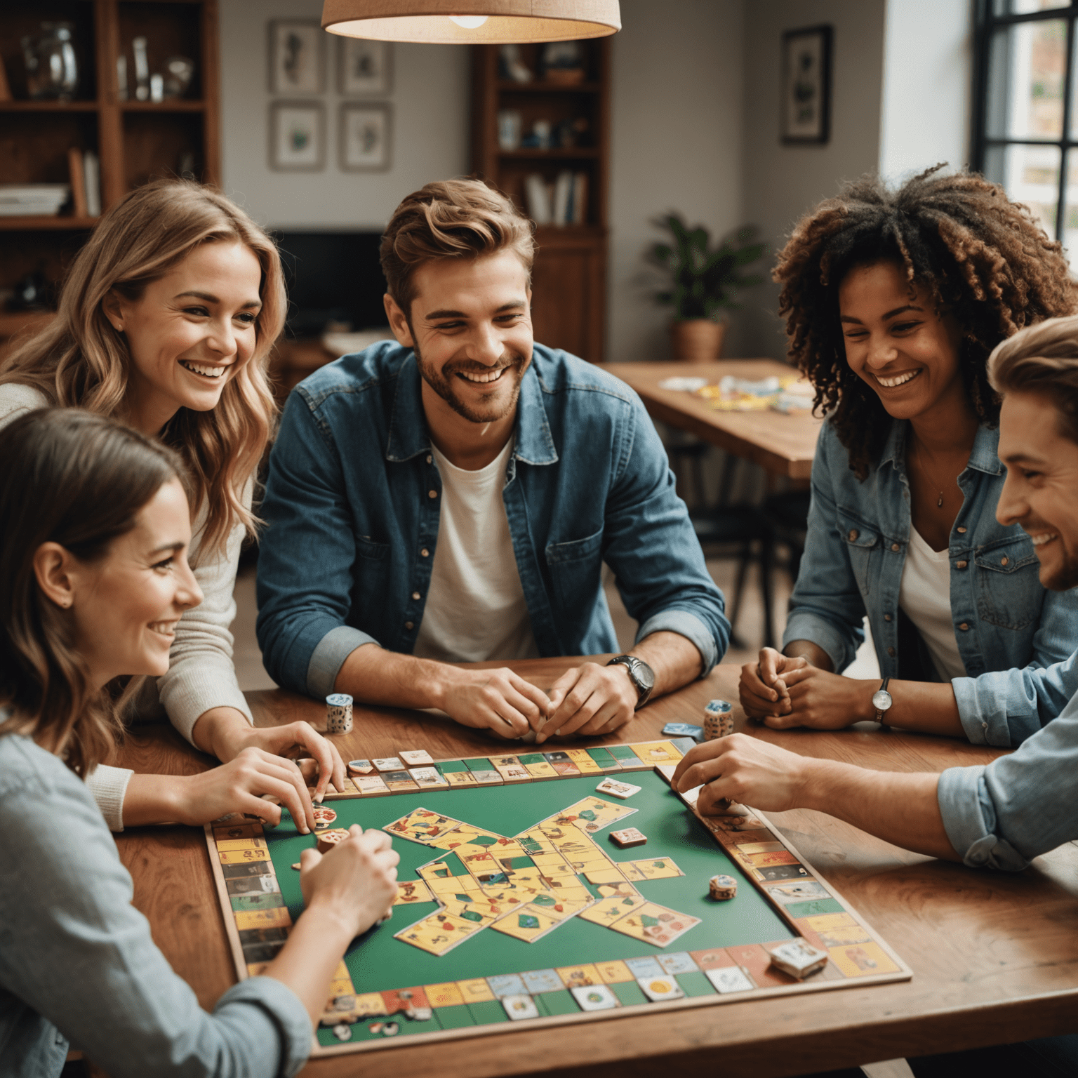 Un grupo de amigos sonrientes jugando un juego de mesa alrededor de una mesa