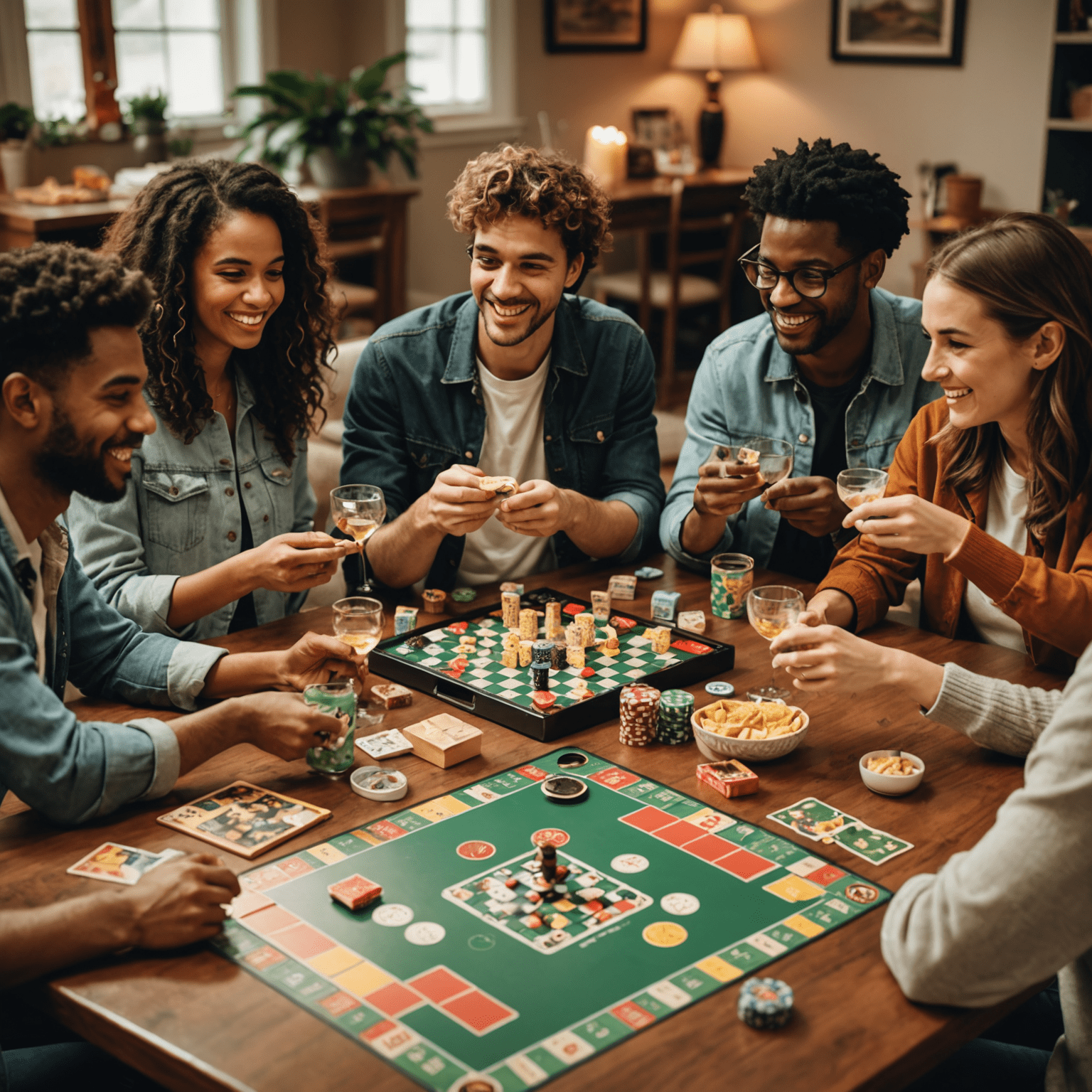 Un grupo de amigos disfrutando de una fiesta de juegos de mesa, con una variedad de juegos, aperitivos y decoraciones temáticas en la mesa.